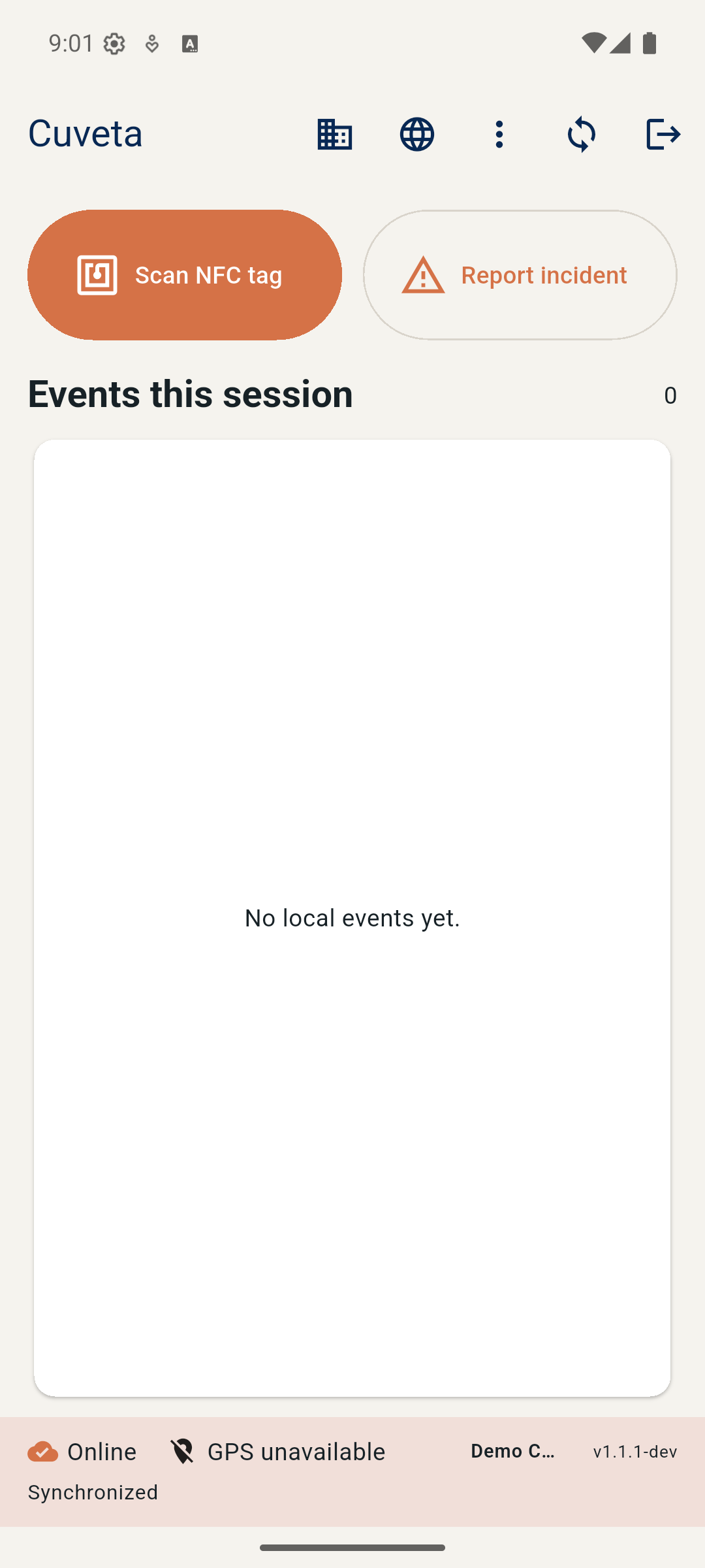 Cuveta mobile app home screen with scan NFC tag and report incident actions